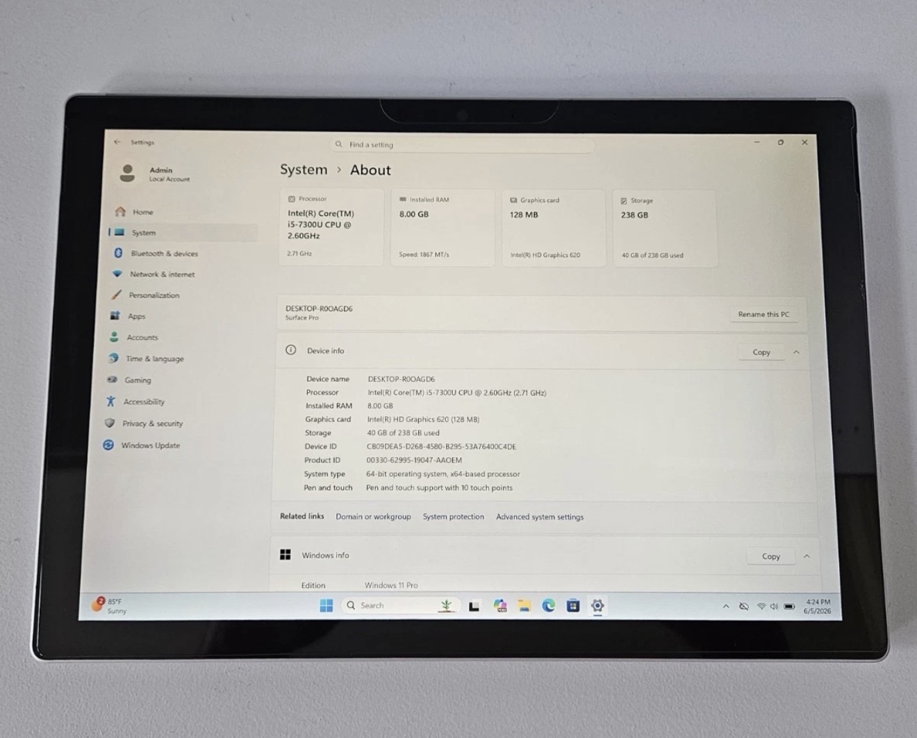 Microsoft Surface Pro 5 1796 Silver 12.3" Core i5-7300U 8GB RAM 256GB Win 11 Pro (Tablet Only) - Ảnh 4